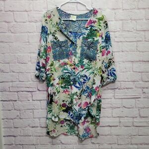 Figueroa & Flower Crepe Floral Tunic Top Size‎ XL 3/4 Sleeve Pockets Boho Flowy